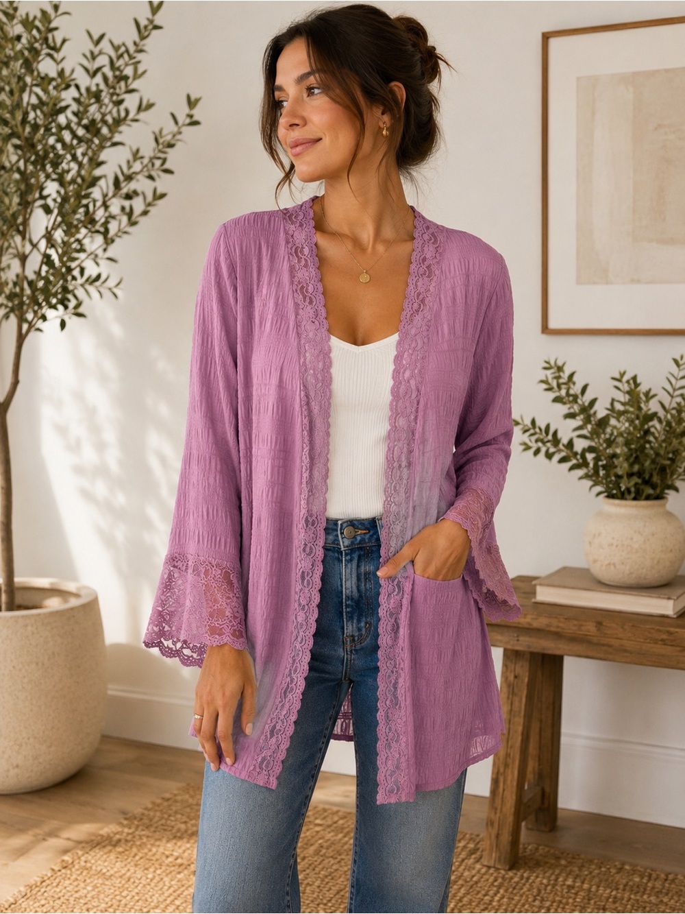 68) Lavender Lace-Trim Kimono Cardigan. PTP 26